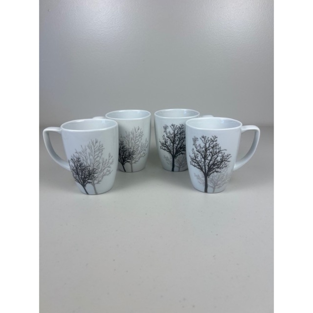 Corelle Coordinates TIMBER SHADOWS Porcelain Tree Coffee Tea Mugs White Set of 4 - Picture 5 of 12